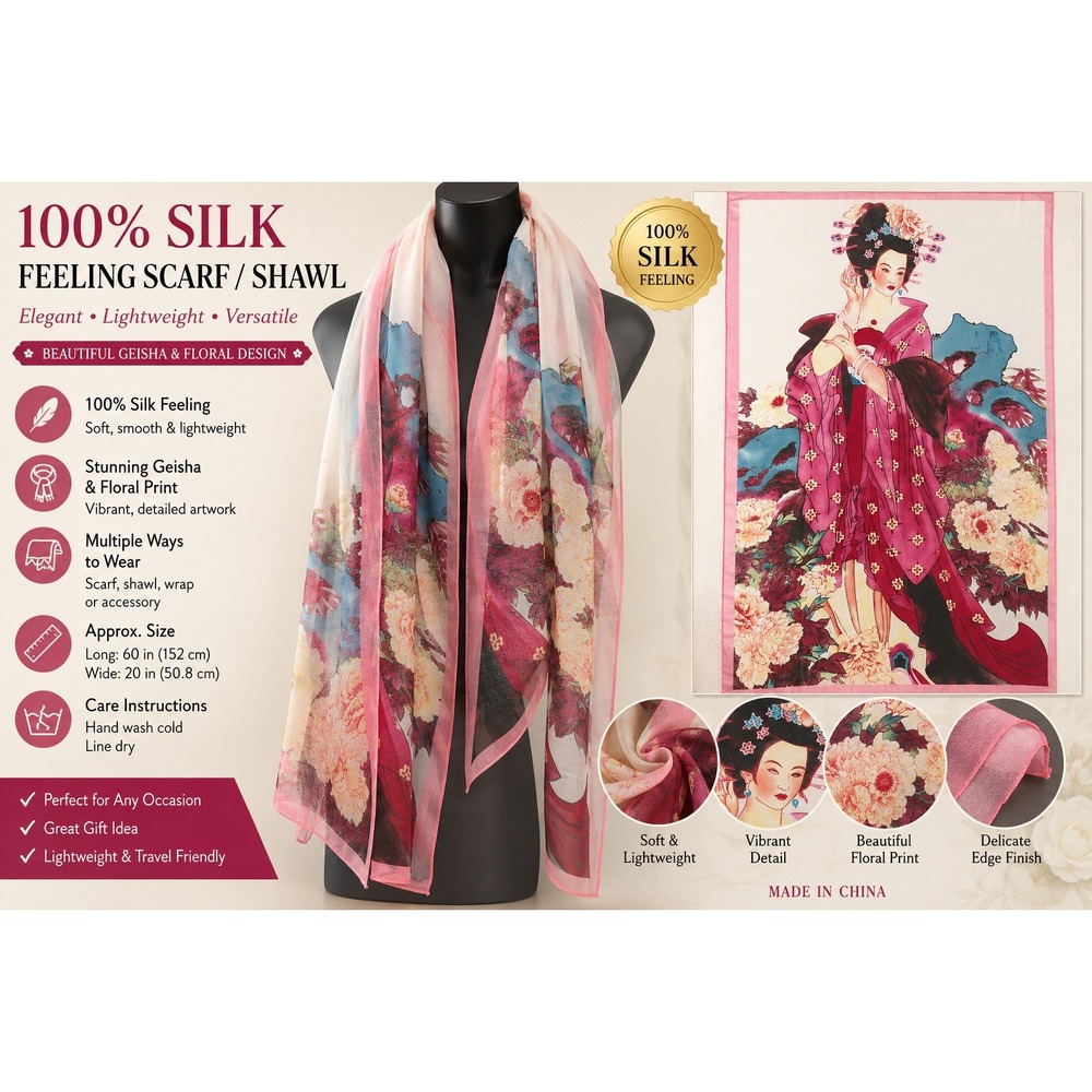 Japanese Geisha Floral Scarf Pink‎ Peony Silk Feel Polyester Sheer Wrap 62x20